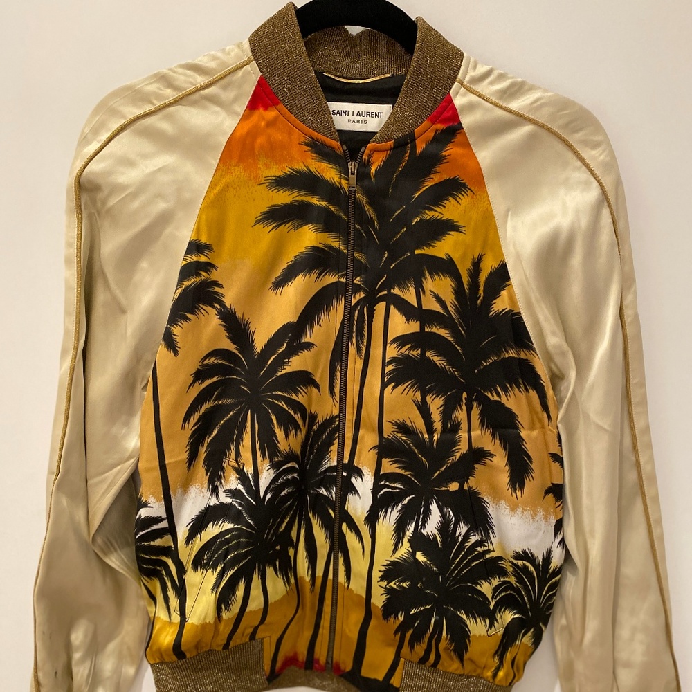 Saint Laurent Palm Tree Print Satin Bomber Jacket